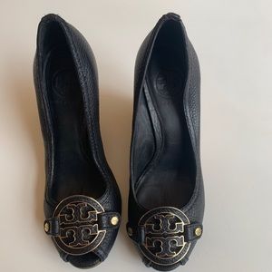 Tory Burch Black Peep-Toe Wedges